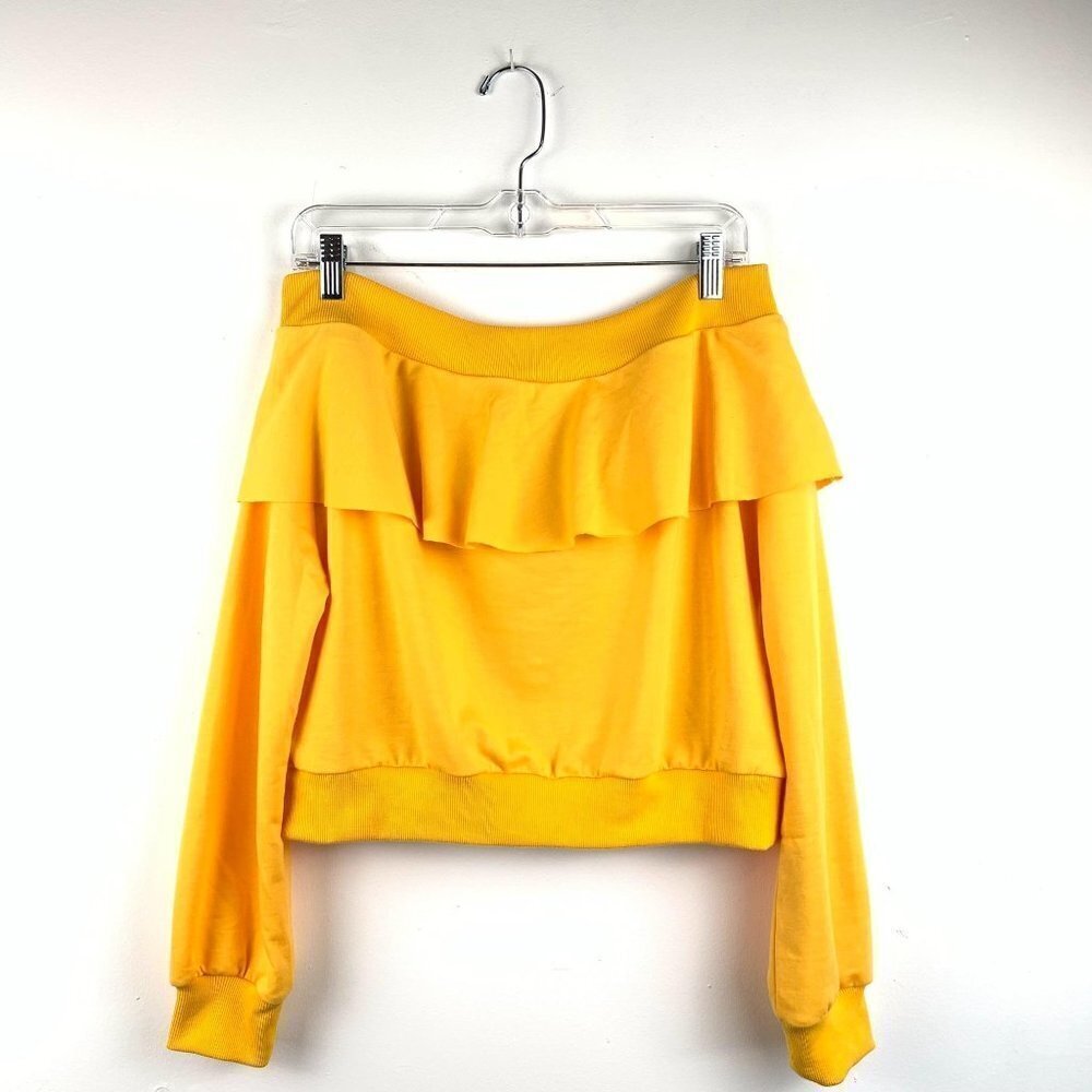 BLUE Blush Top Medium Yellow Ruffle crop sweatshirt Off the Shoulder